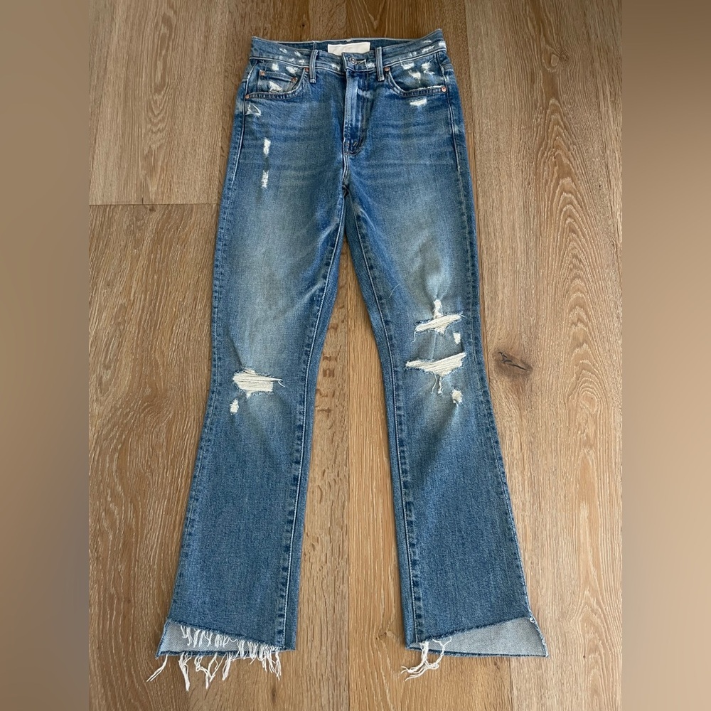 MOTHER Blue Distressed Flare Jeans